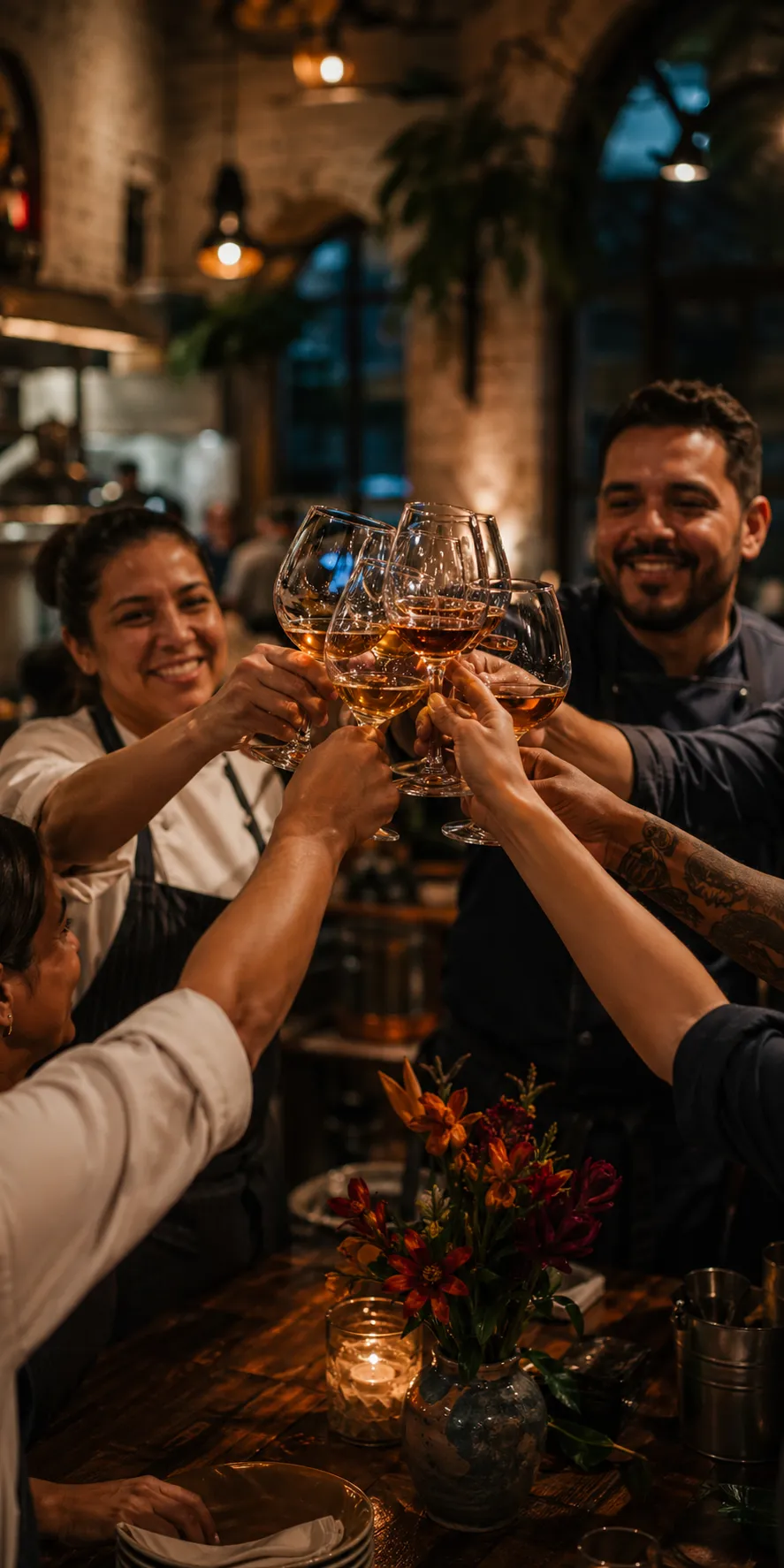 Equipo de cocina brindando al final del servicio