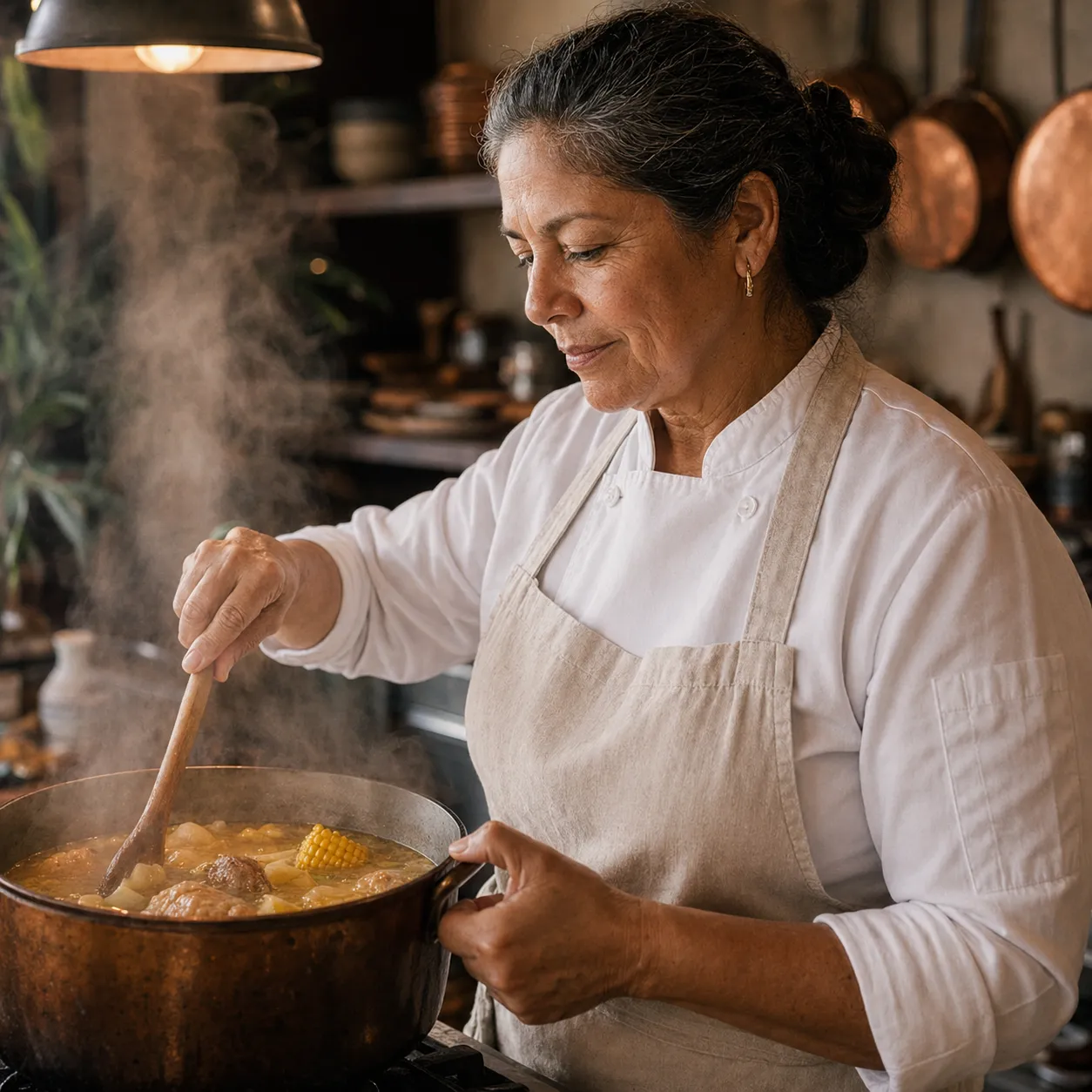 Lola revolviendo el sancocho en el fogón