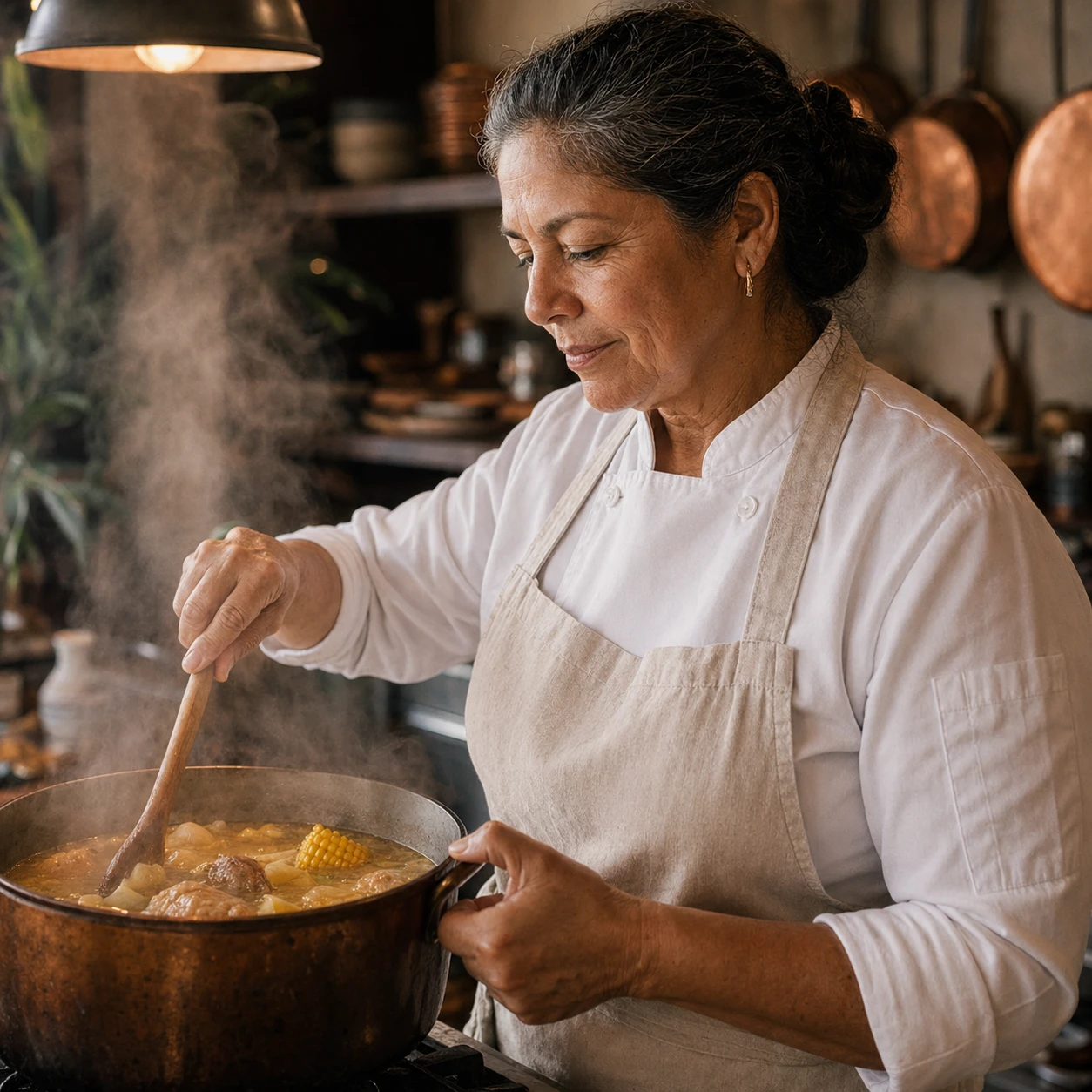 Lola revolviendo el sancocho en el fogón