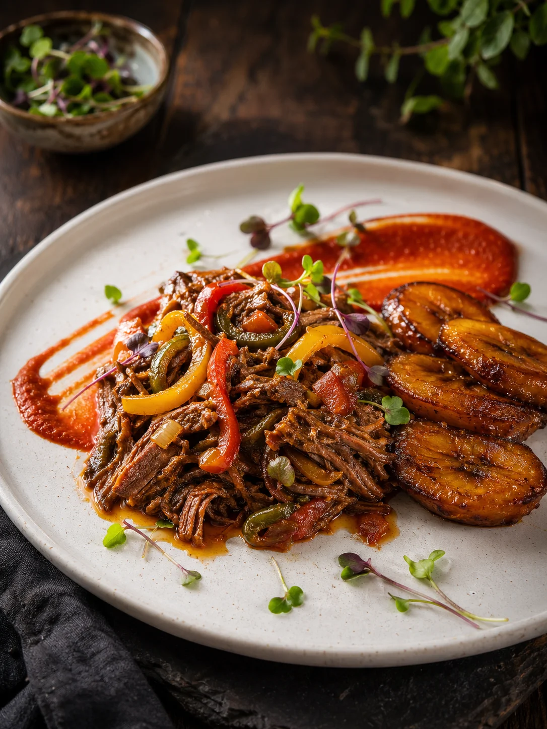 Ropa vieja moderna - Carne deshilachada con sofrito de tres pimentones, plátano caramelizado.