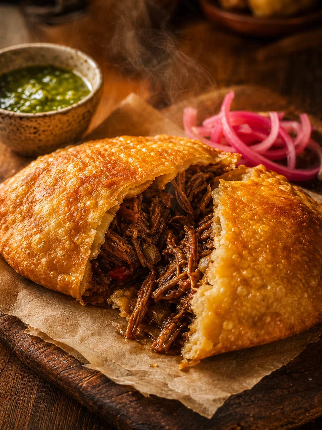 Hojaldra rellena - Hojaldra recién hecha, carne mechada o queso fundido. Adictiva.